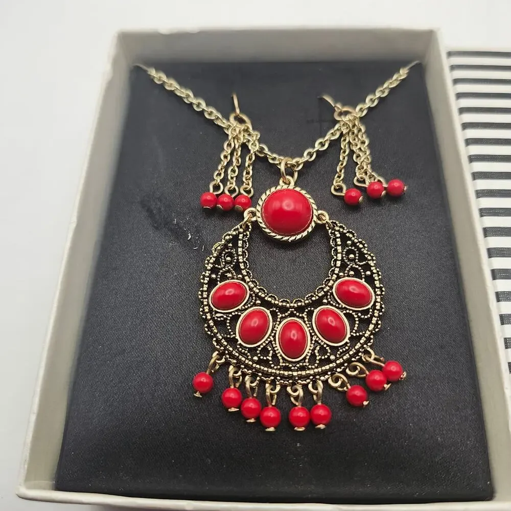 MIXIT JCPenney Red Faux Stone Bib Necklace Drop Earrings Gold Tone Boho Set Box